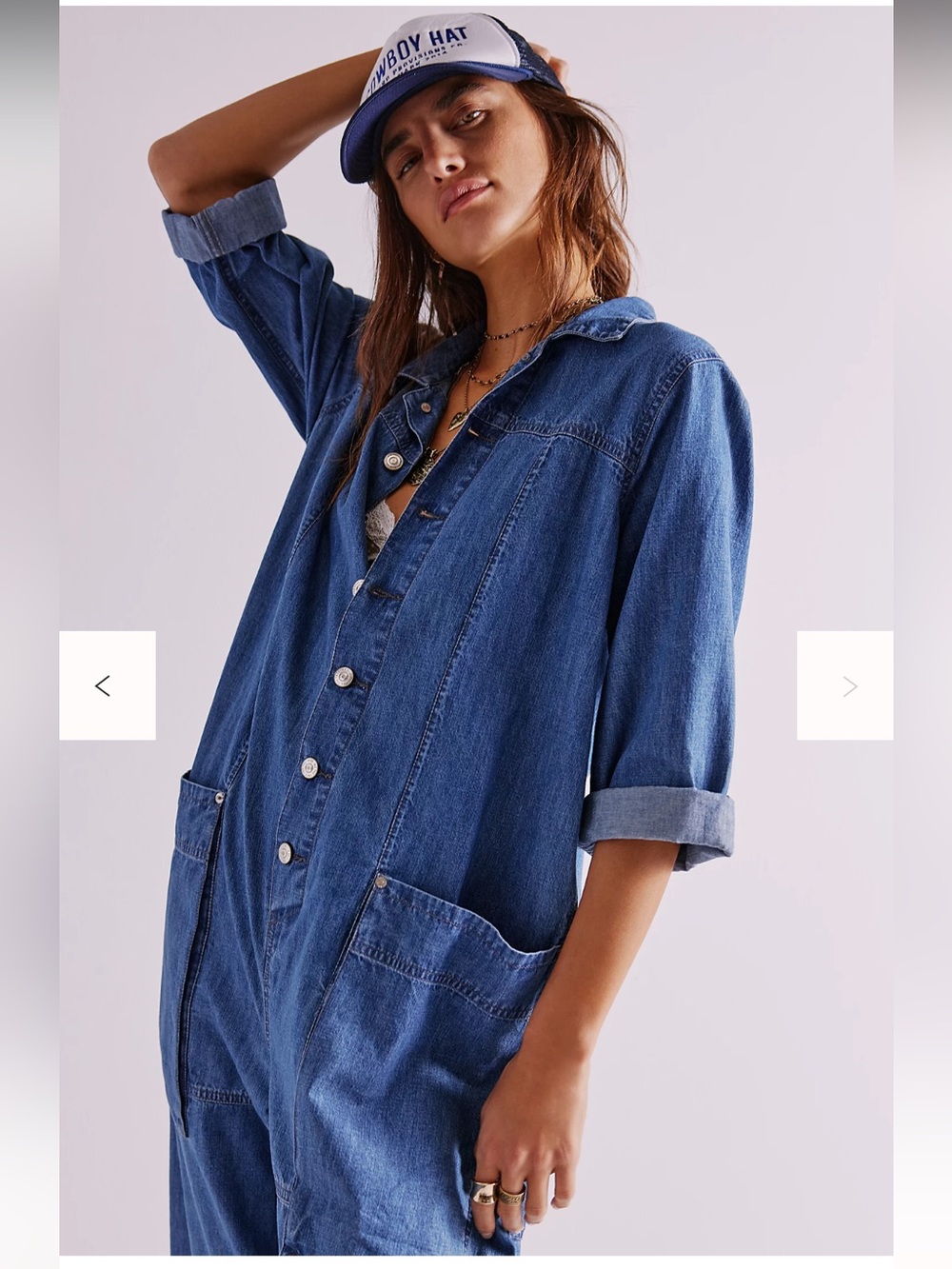 We The Free Margarita Denim Jumpsuit Medium Free People Utility Barrel Leg - Picture 5 of 13